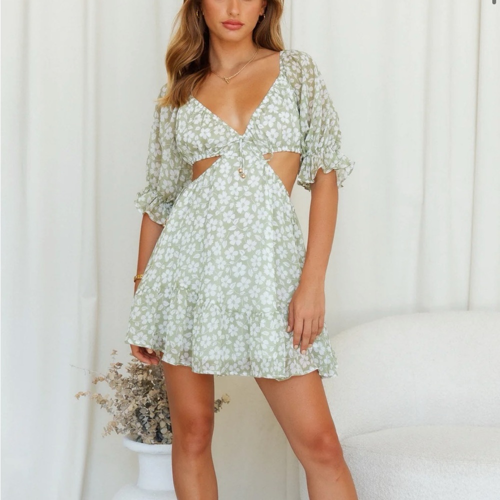 Hello Molly Light Green Floral Cutout Mini Dress